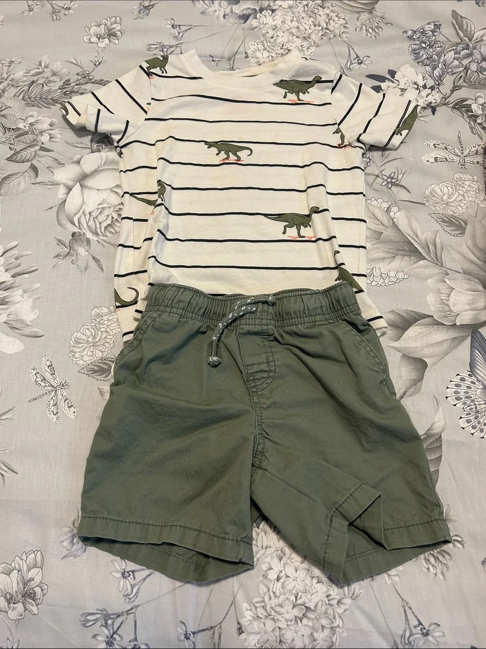 Cat & Jack Olive Green Shorts and Dino Stripe Tee Set